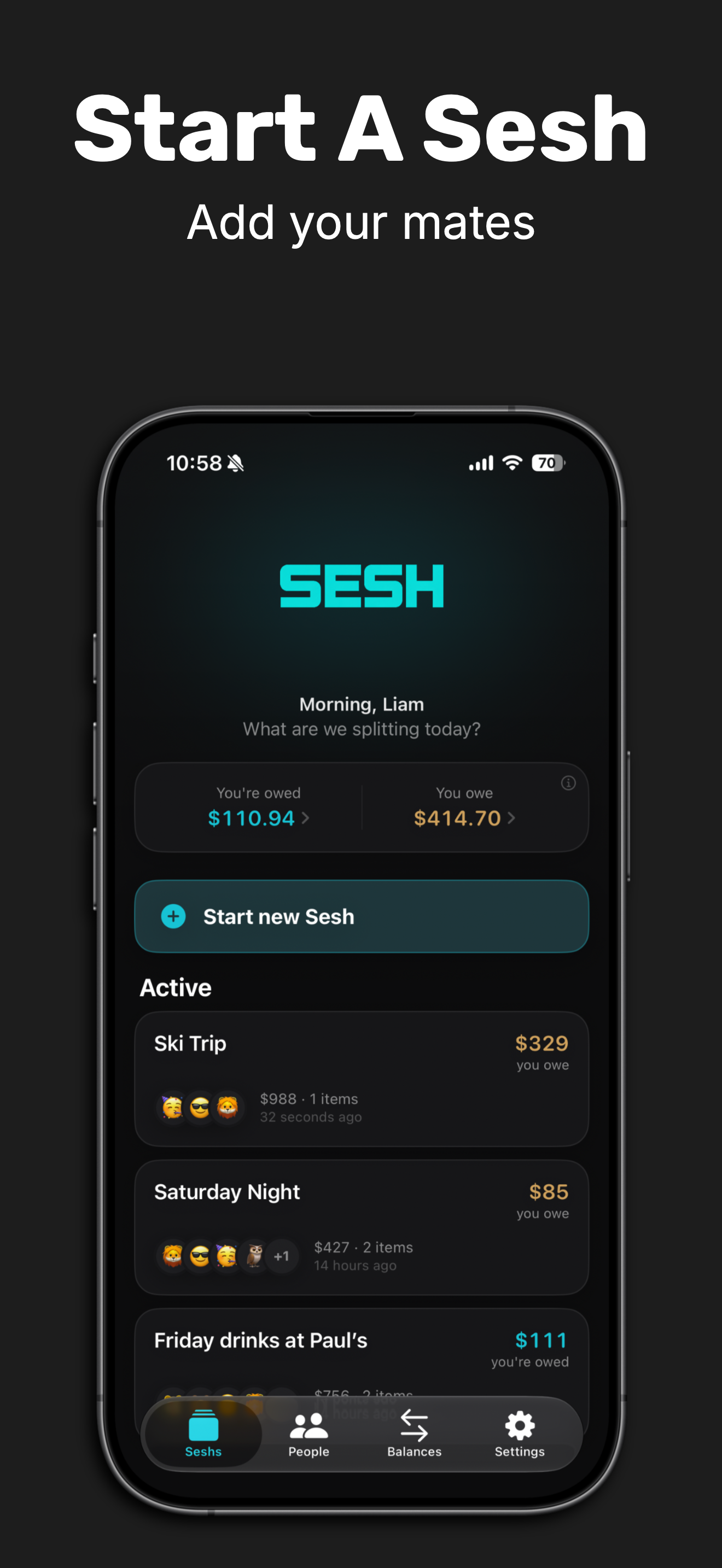 The Sesh app — start a Sesh and add your mates